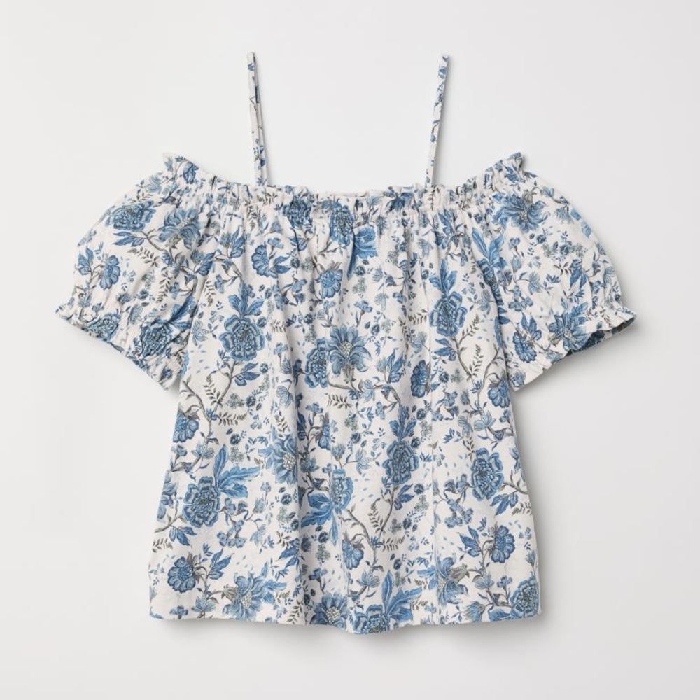 H&M Blue and White Floral Cotton Off-the-shoulder Top with Ruffles (Large)